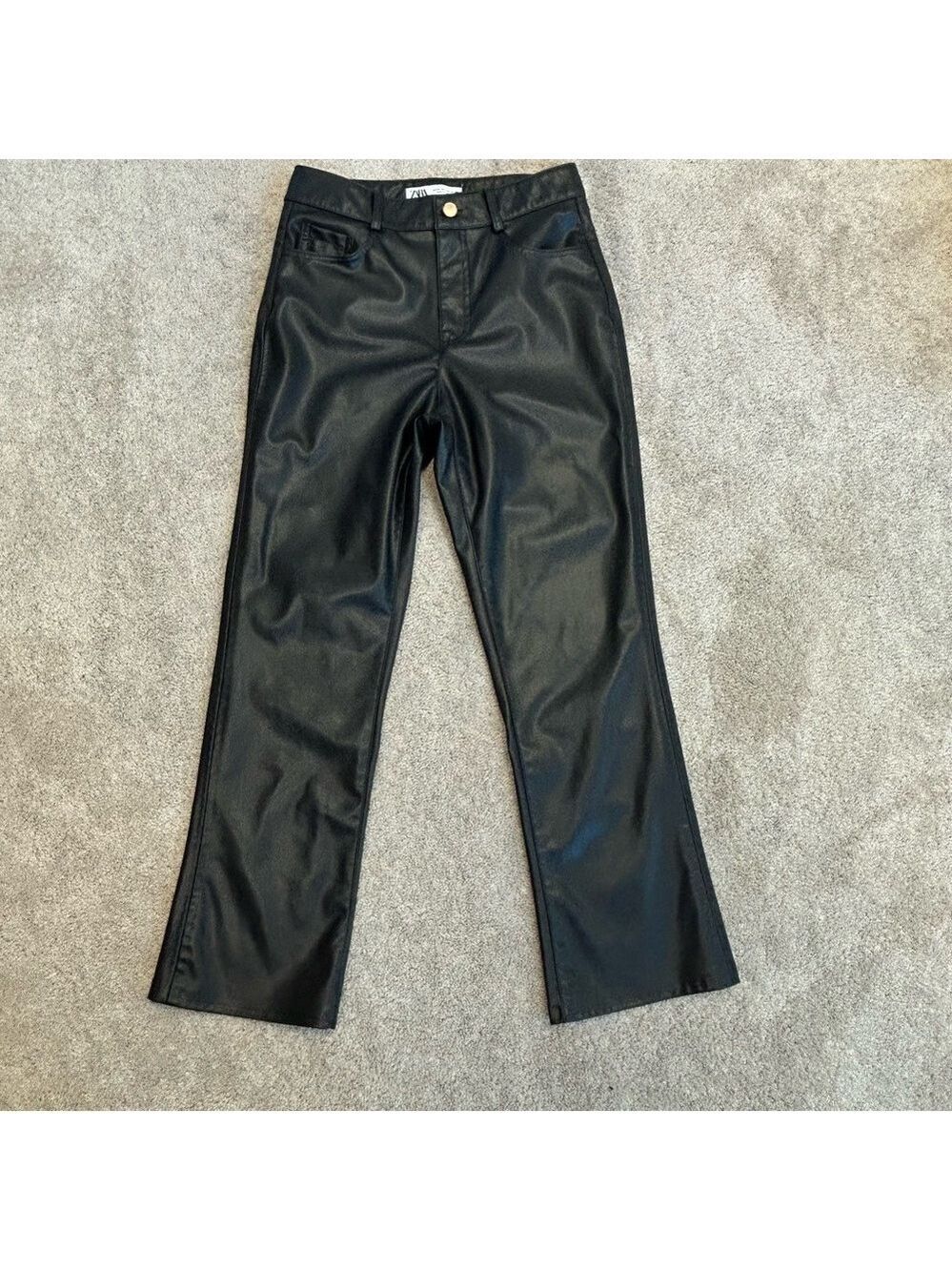 Zara Black Faux Leather Pleather Vegan Cropped Mini Flare Trousers pants 4 NWOT